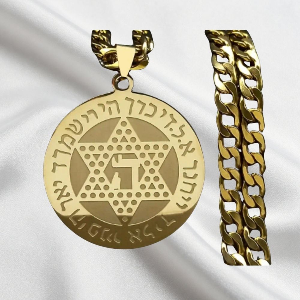 Collar Sello de Salomón dorado con inscripción hebrea y Estrella de David