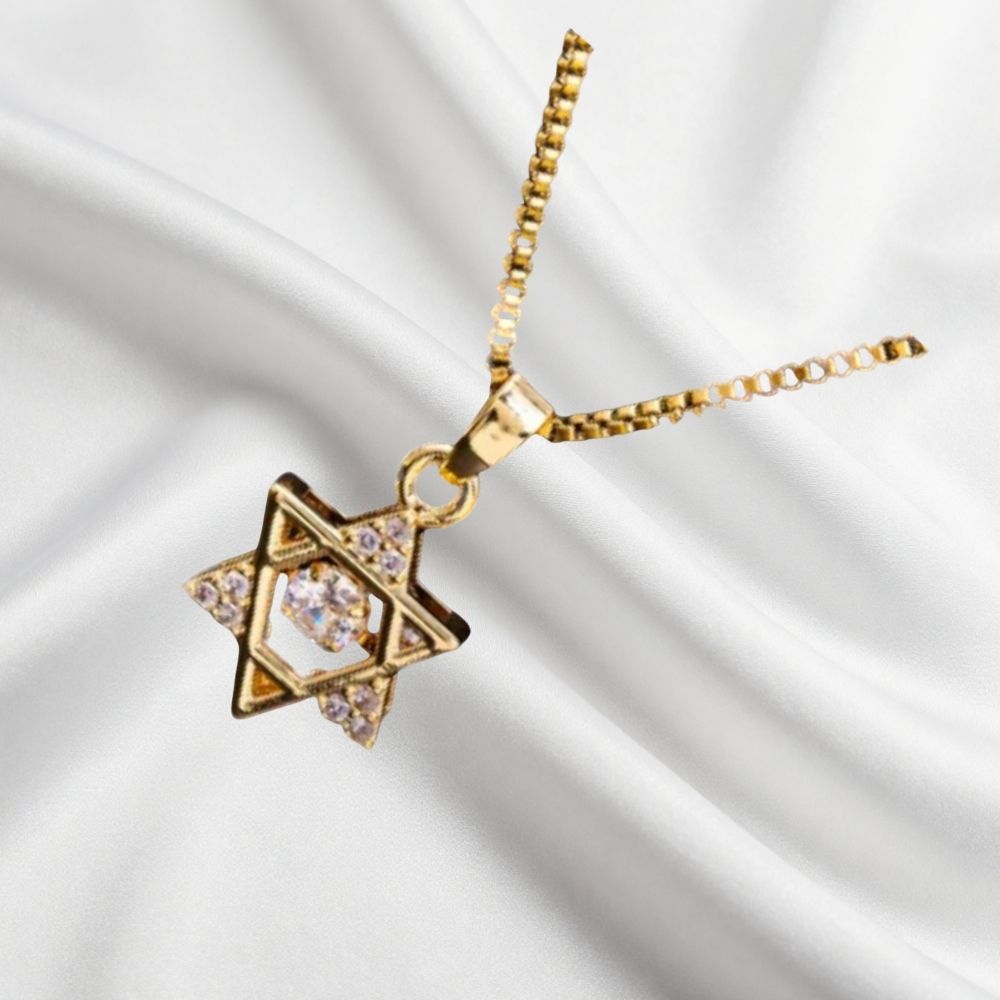 collar-maguen-david-diamond-joyeria-judaica-shulem-chile Collar Maguen David Diamond de acero quirúrgico bañado en oro con Moissanita central móvil.