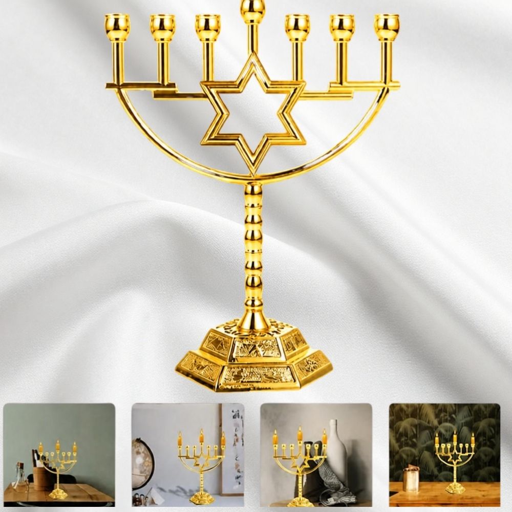 menorah-candelabro-luminaria-de-jerusalen-tallado Menoráh candelabro de Jerusalén con tallado artesanal del Templo y base de felpa.